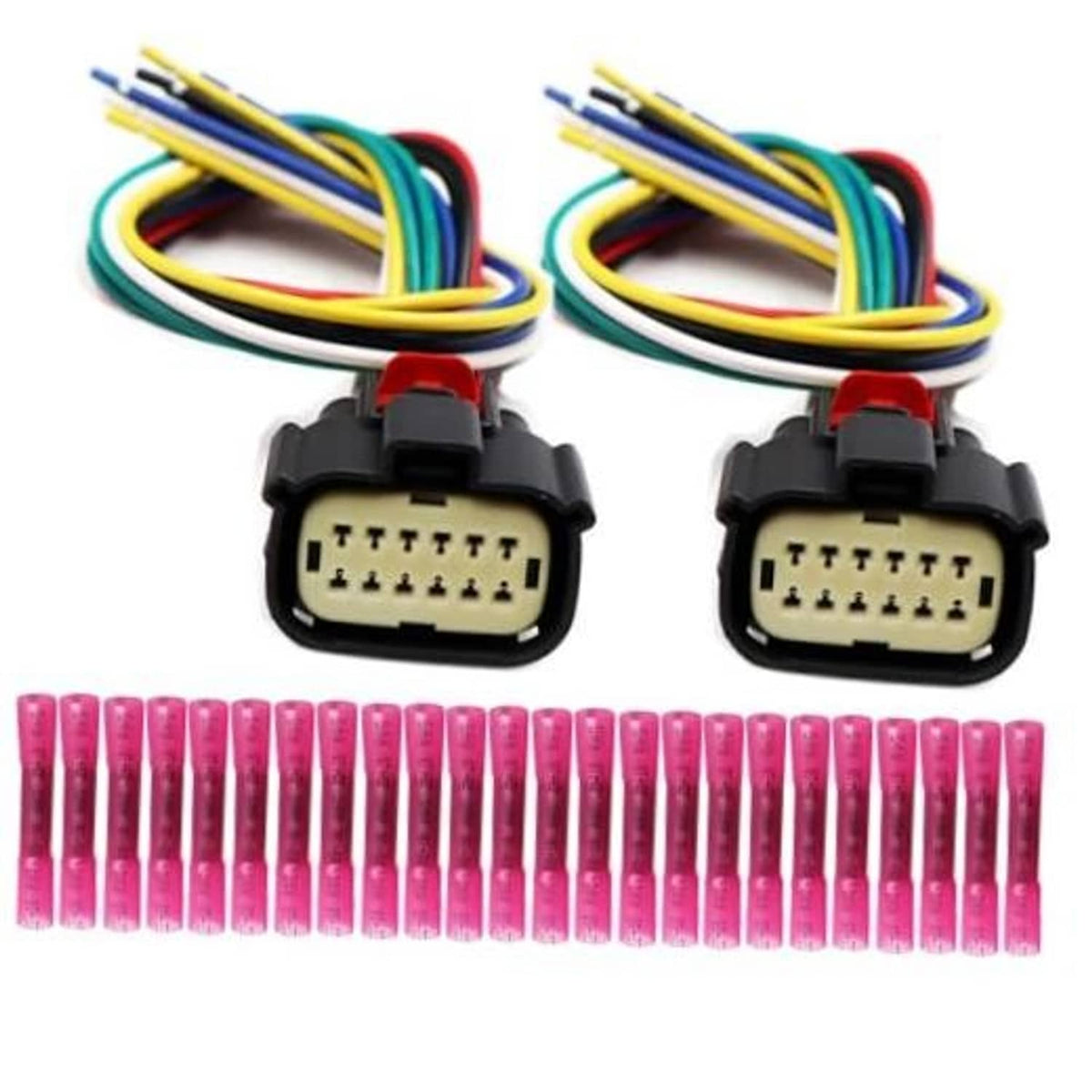 Pair of headlight wiring connectors with multi-pin plug and colored wire leads