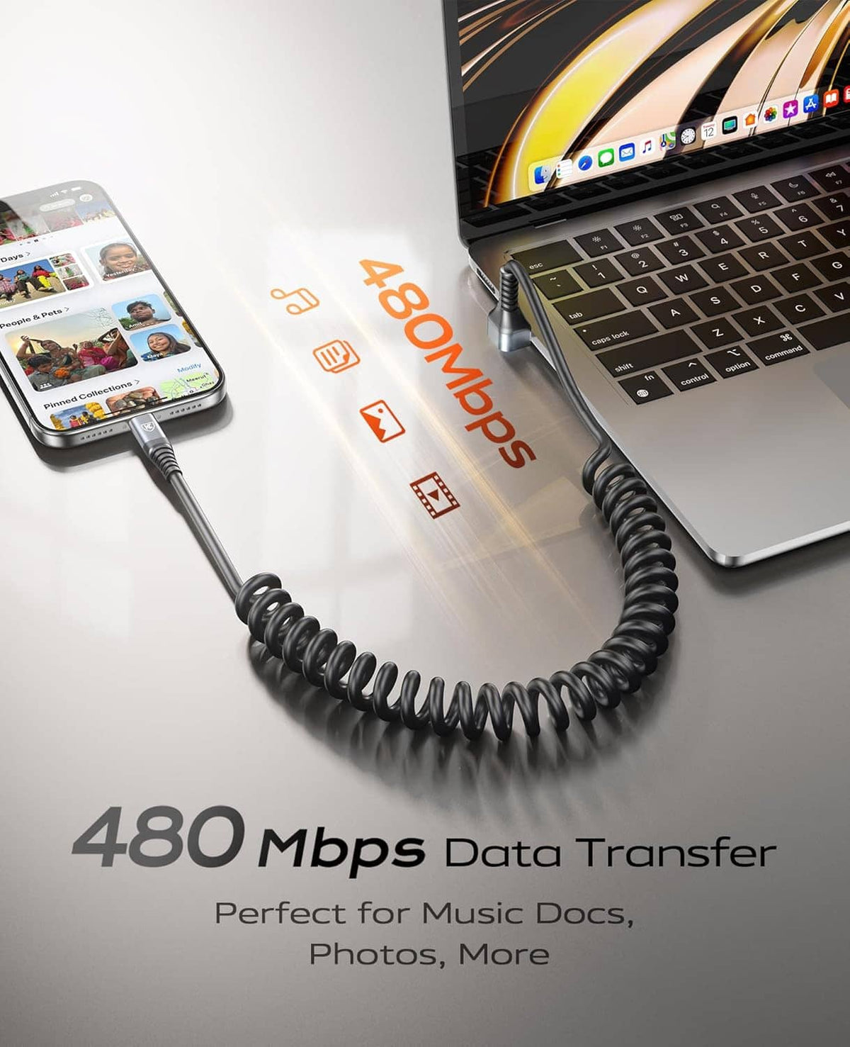 Coiled USB-A to USB-C data cable with 90-degree connector ends, black