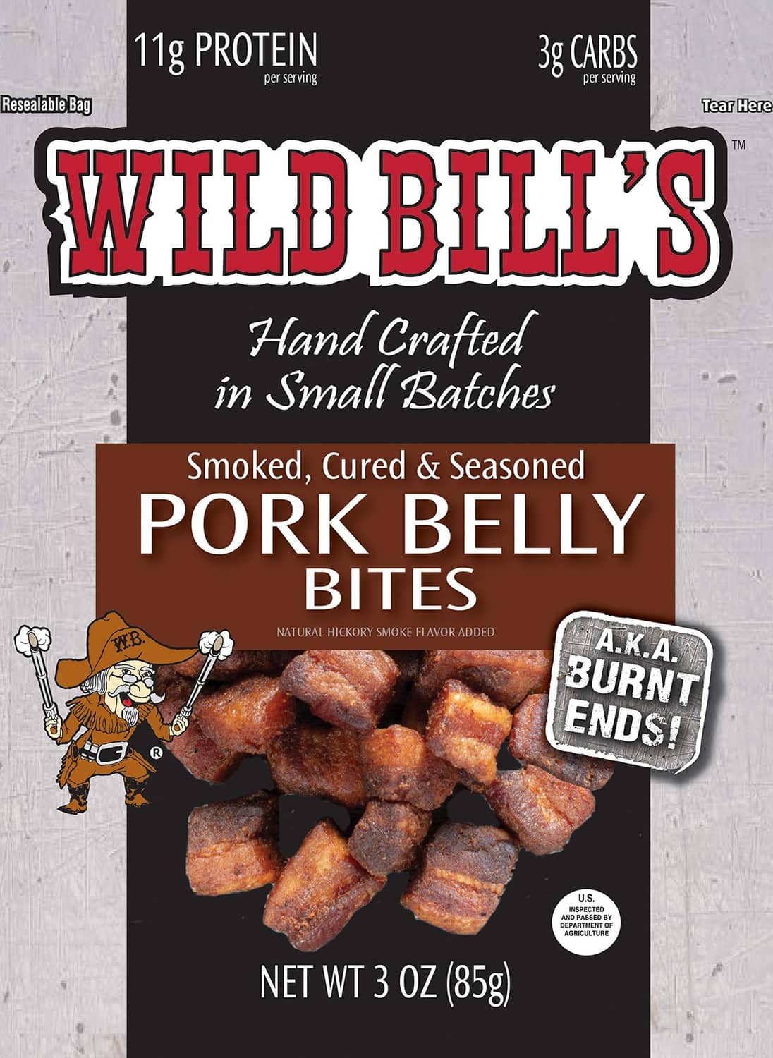 Wild Bill’s pork belly bites pack, smoked cured seasoned, 3 oz (85 g)