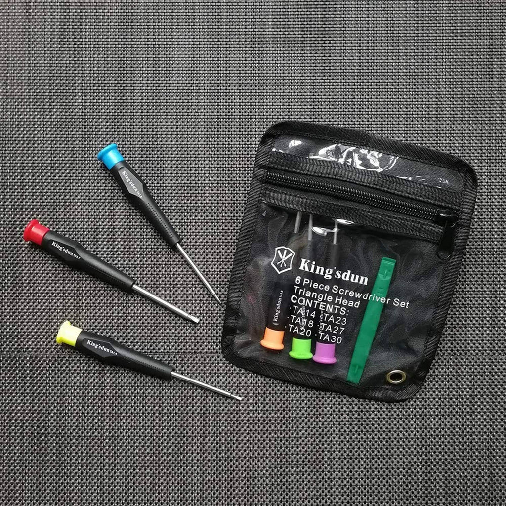 Triangular head screwdriver set with multicolored caps and zip pouch, 6-piece layout