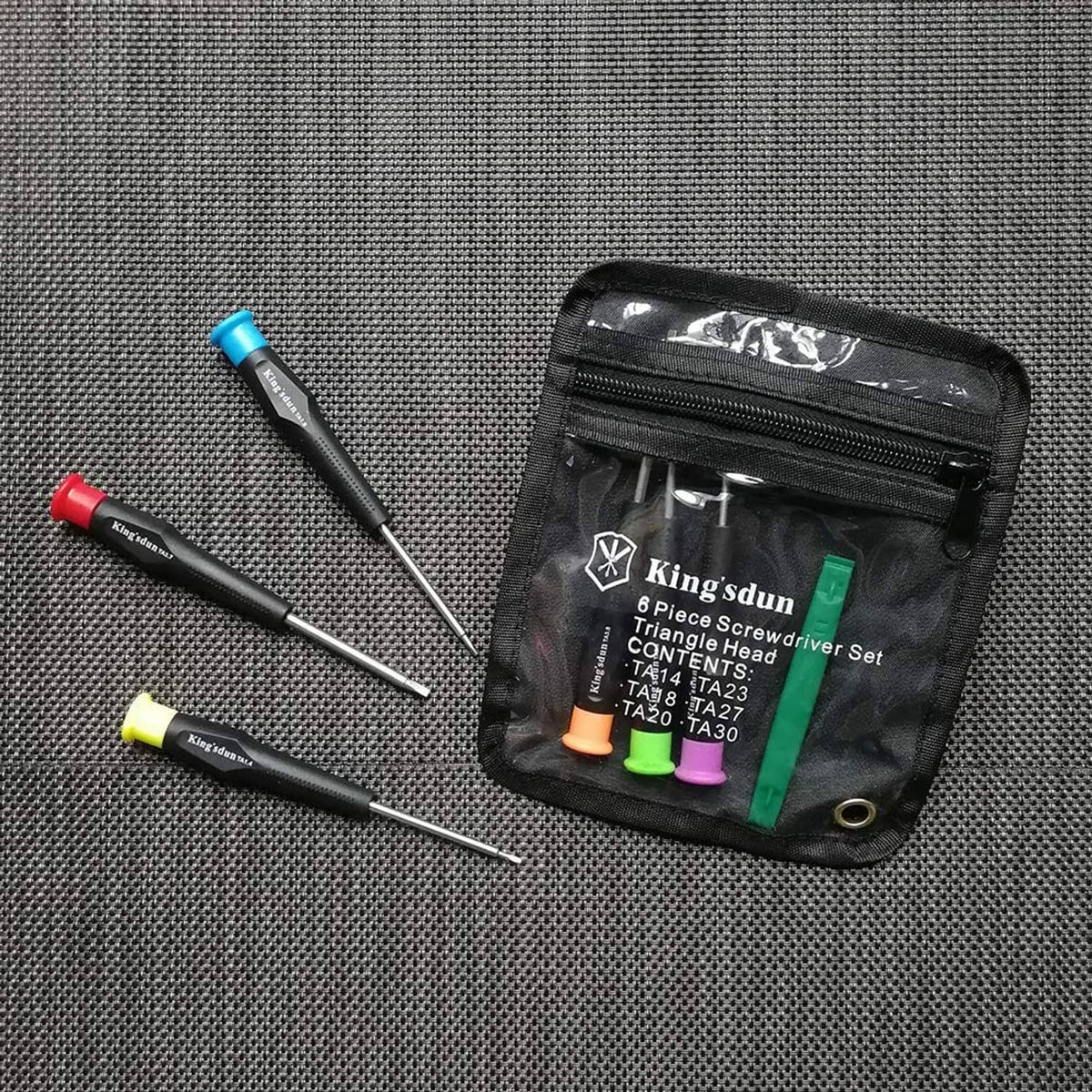 Triangular head screwdriver set with multicolored caps and zip pouch, 6-piece layout