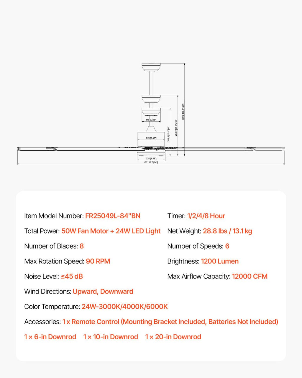 Ceiling fan specification diagram with dimensions and remote included listing