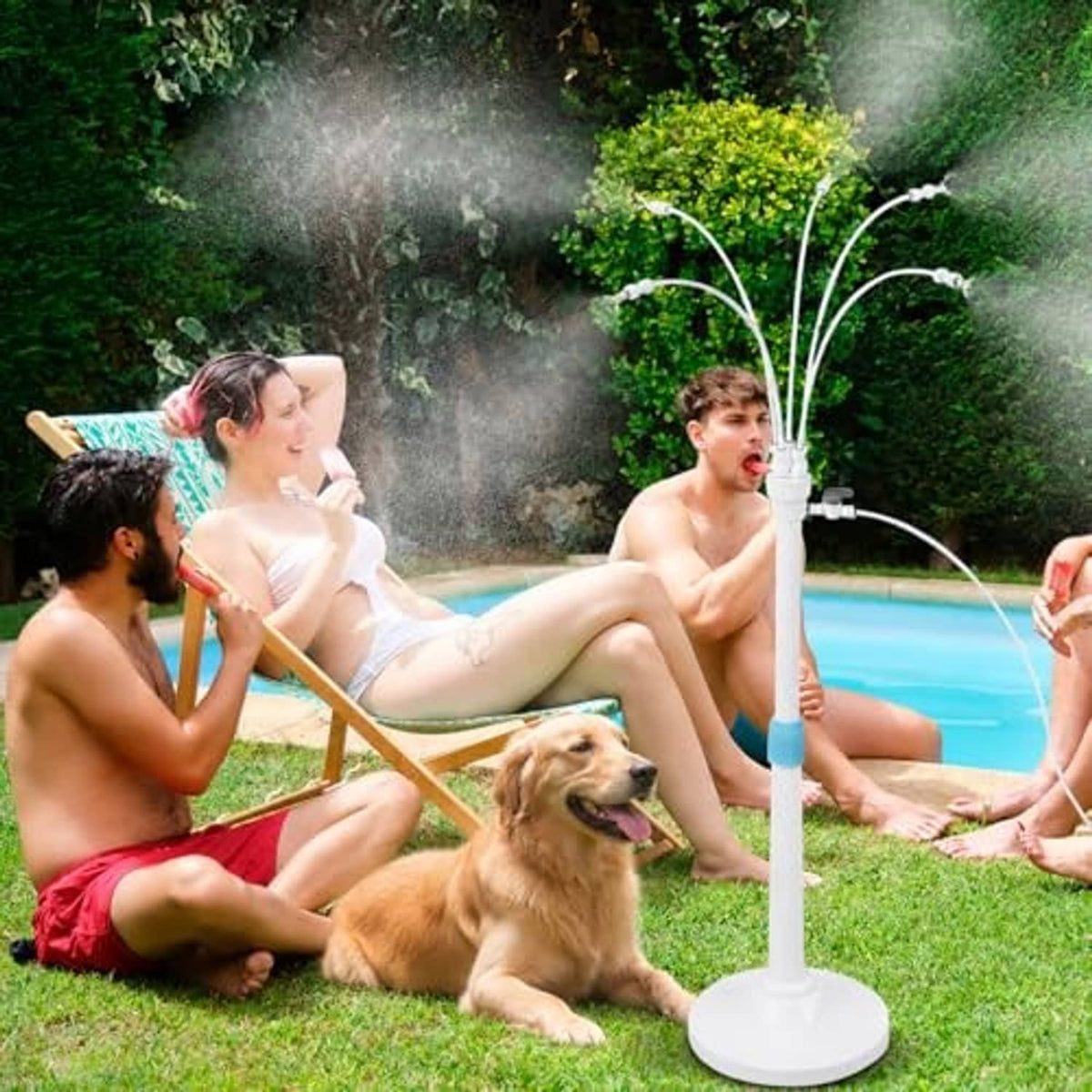 White freestanding patio misting cooler with vertical pole and arcing spray streams