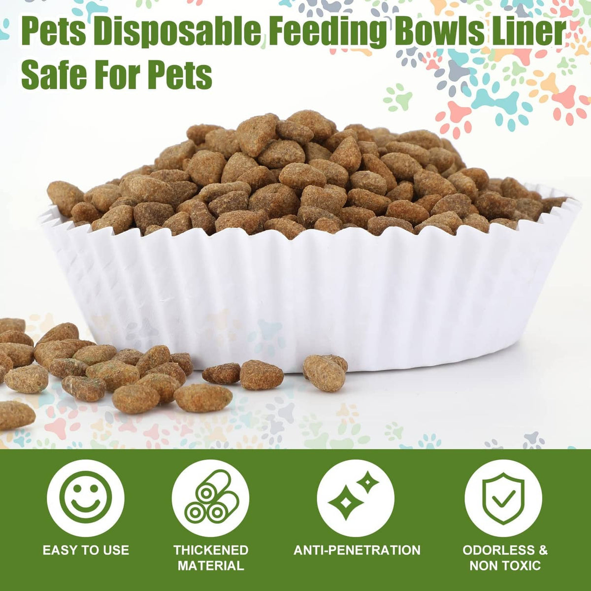 White disposable feeding bowl liner filled with dry pet kibble