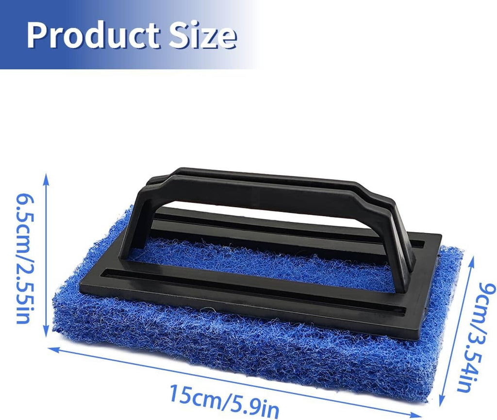 Blue sponge scrub brush pad with black handle and rectangular frame, front view.