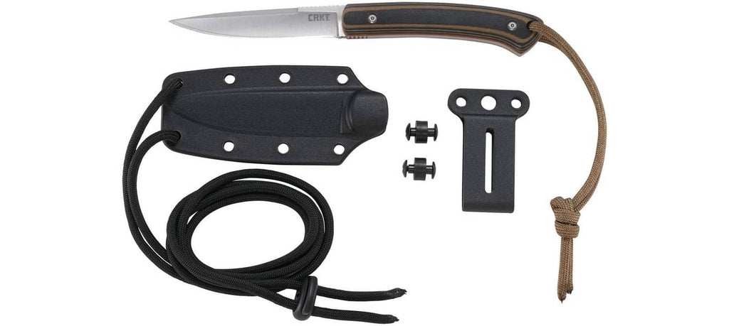 Fixed blade knife kit with black sheath, belt clip, screws, and black cord
