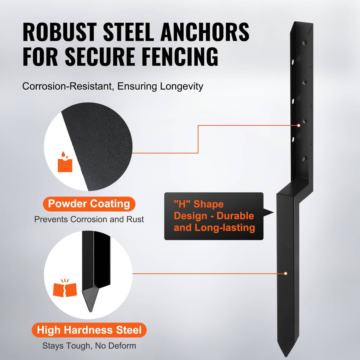 Black powder-coated steel fence post anchor stakes with slotted mounting holes