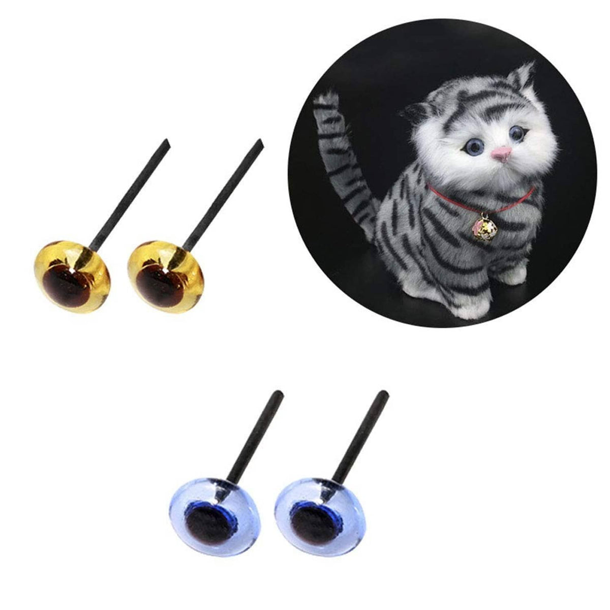 Assorted glass eyes: amber and blue with black stems, multiple pairs