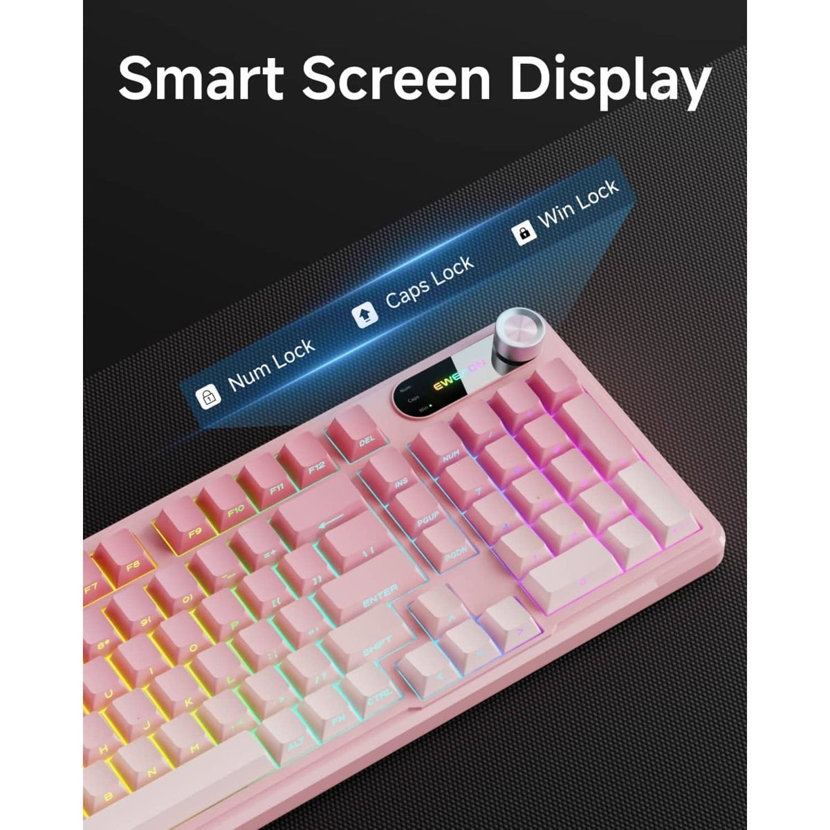 Pink wired gaming keyboard with RGB keys and smart screen display near the rotary knob