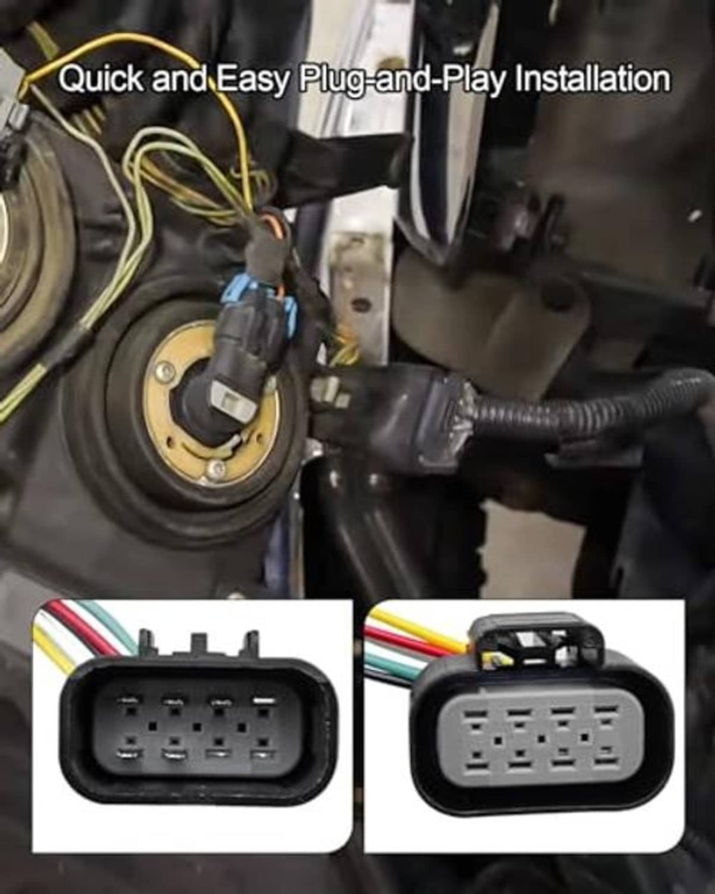 Headlight connector harness plug-and-socket install area with two matching connectors