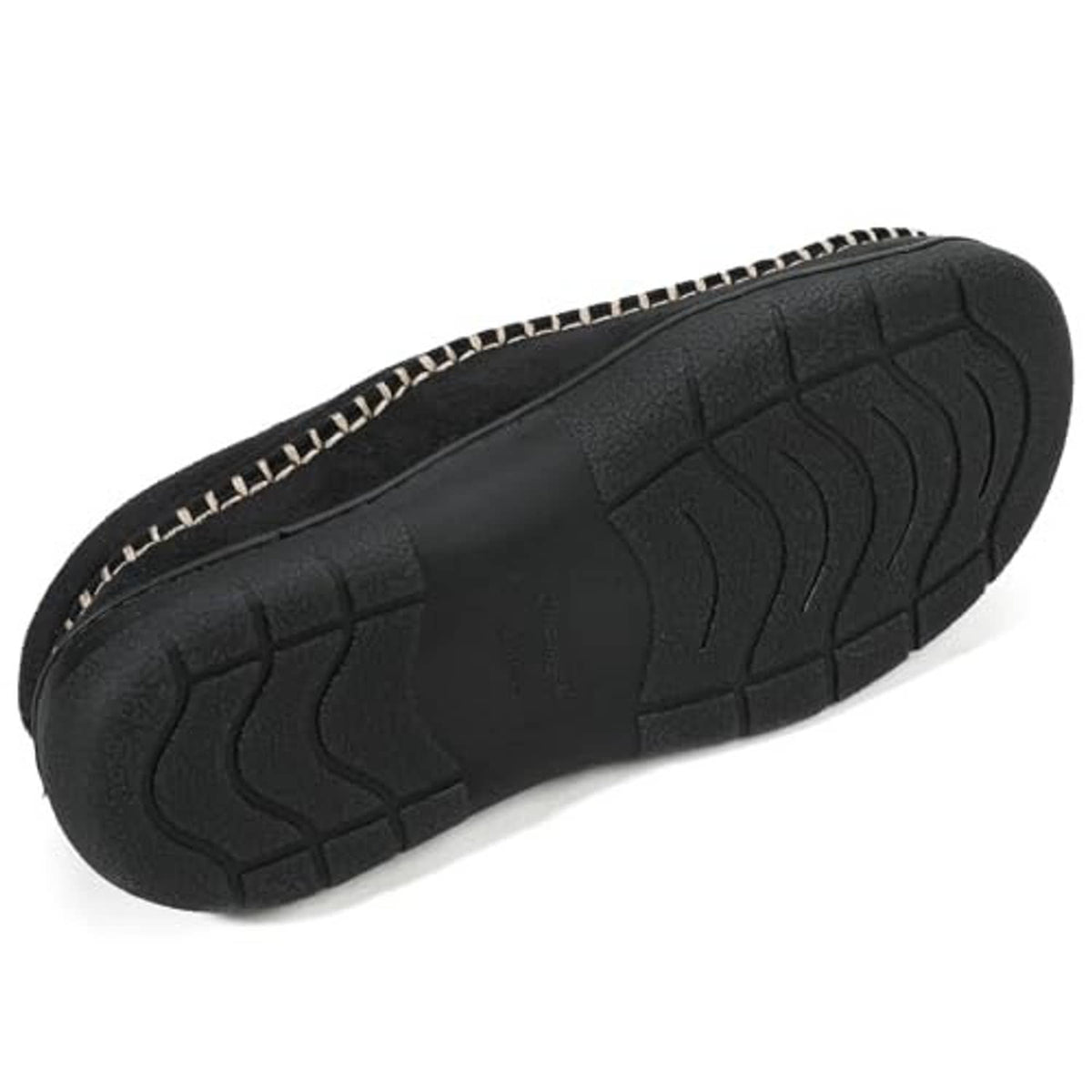 Men's black slip-on moccasin slipper outsole with textured tread pattern