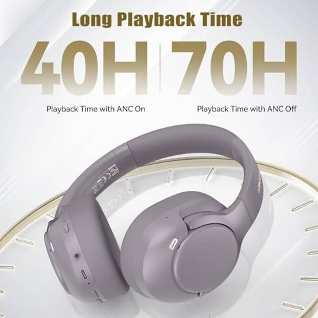 Gray over-ear headphones with padded headband and ear cups, side controls visible