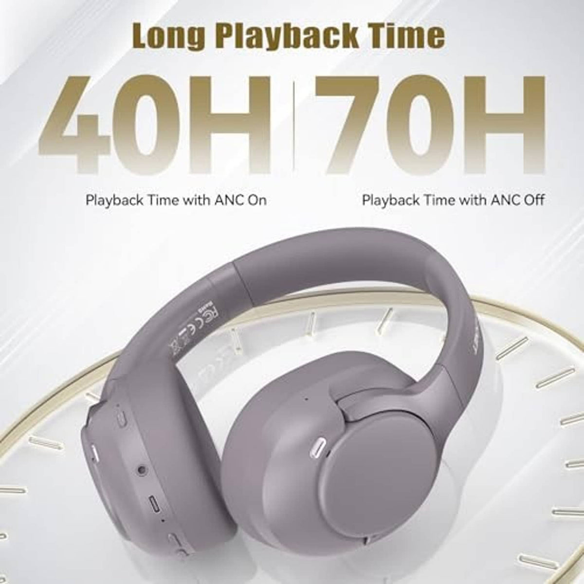 Gray over-ear headphones with padded headband and ear cups, side controls visible