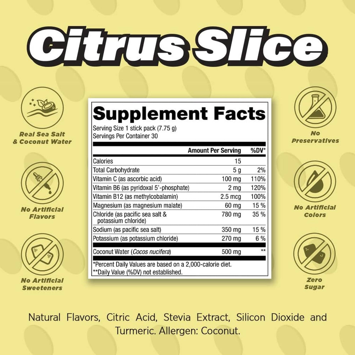 ALL DAY Vitality citrus slice Supplement Facts panel with serving and nutrient information