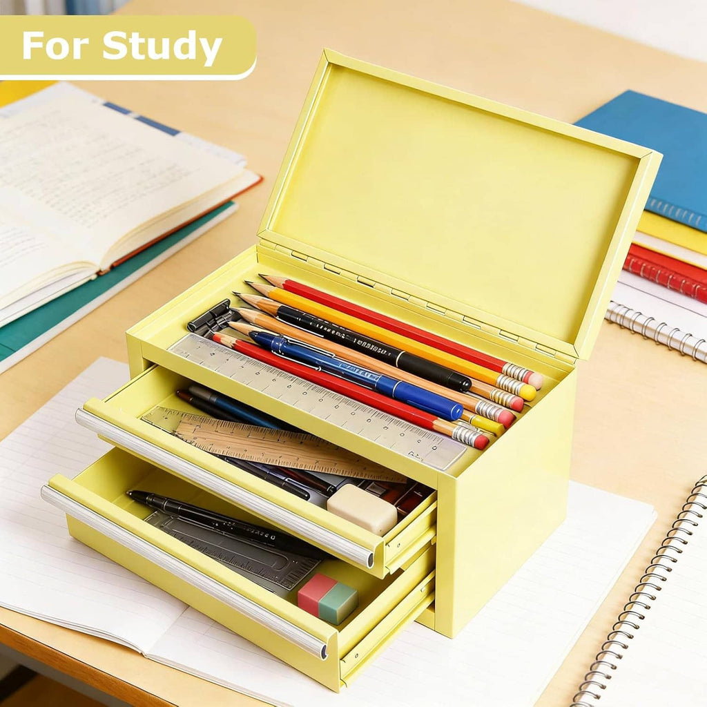 Yellow tool chest open with pencil slots and stacked drawer trays