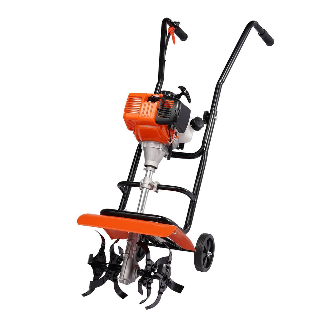 Orange and black gas powered garden tiller cultivator with front tine assembly