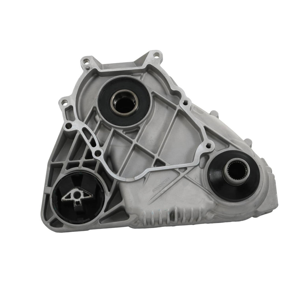 Transfer case assembly with two round connector ports and grey alloy housing