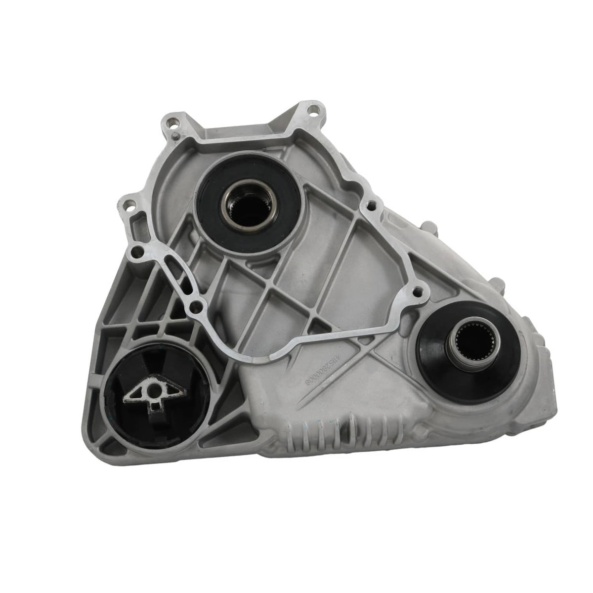 Transfer case assembly with two round connector ports and grey alloy housing