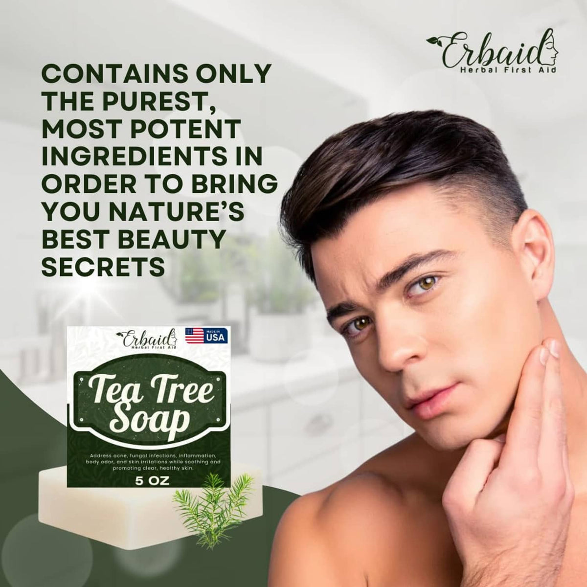 Tea tree soap bar package shown with natural beauty infographic