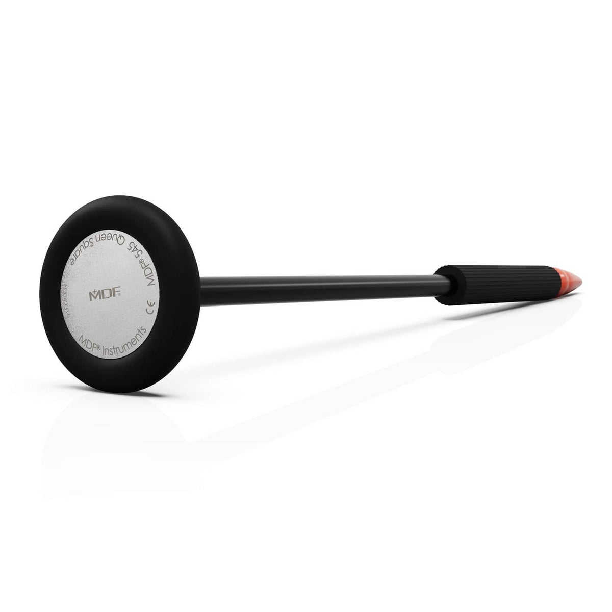 Black reflex hammer with orange tip, side view