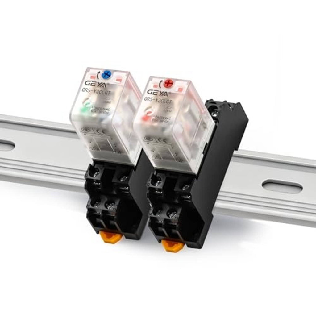 Two relay modules side by side with clear covers, mounted on a metal guide rail