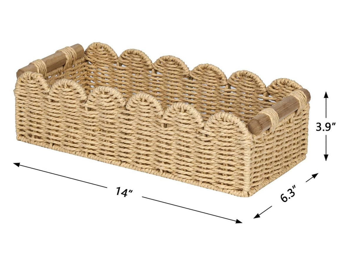 Beige scalloped woven toilet paper storage basket, 14 x 6.3 x 3.9 in