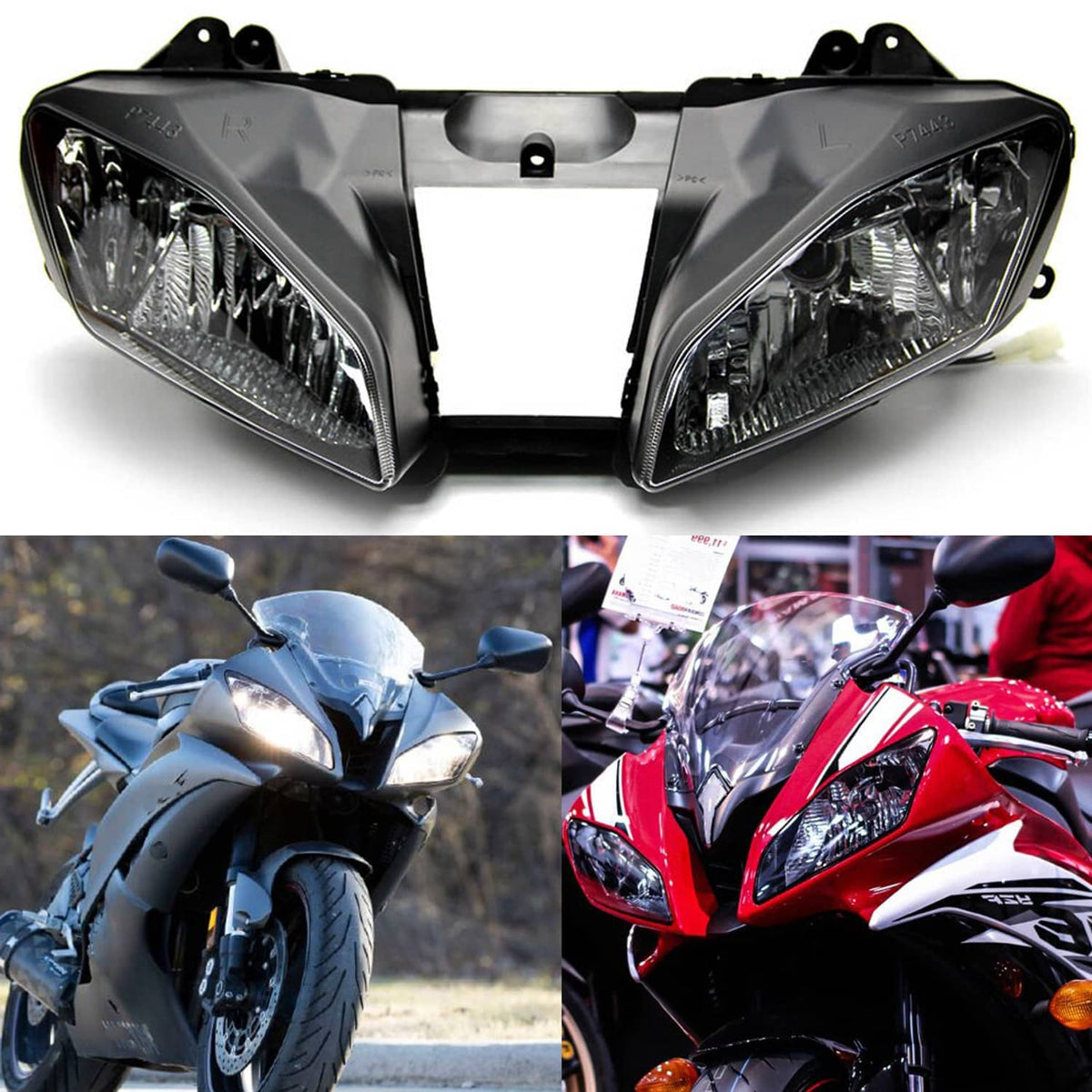 Front headlight assembly with clear lenses and black housing covers