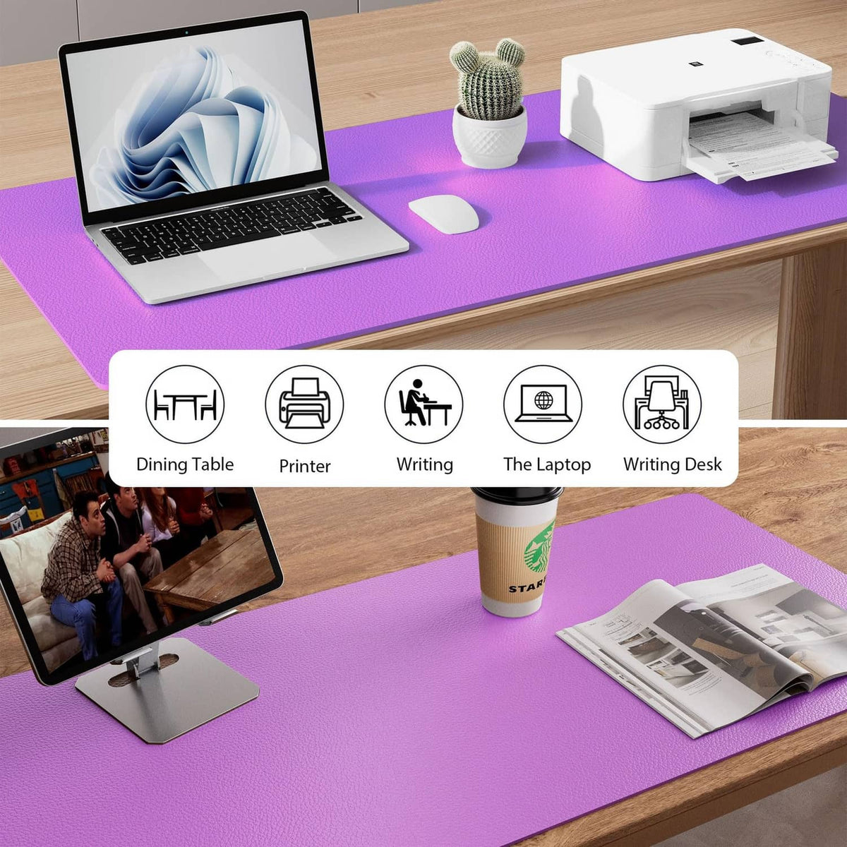 Violet desk pad on a workspace table with laptop, printer, and office accessories
