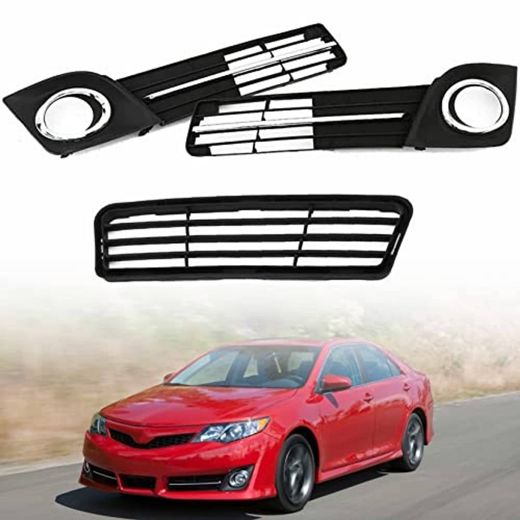 Front bumper grille covers set: black slatted fog light inserts with chrome-ring circles