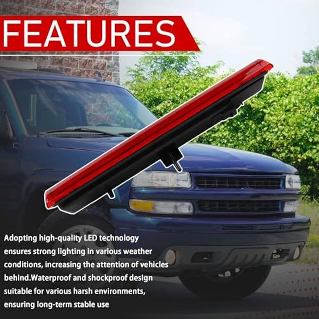 Red LED third brake light bar mounted on a vehicle rear, long strip design