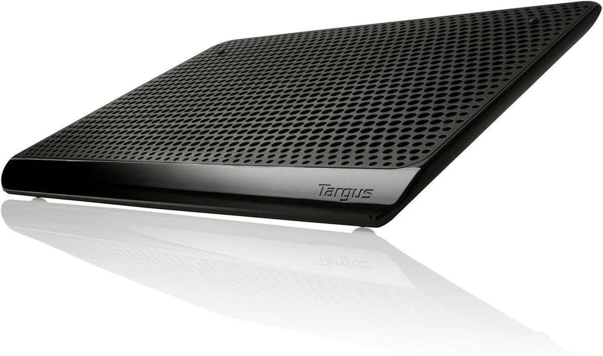 Black perforated laptop cooling mat with raised edge and anti-slip underside.