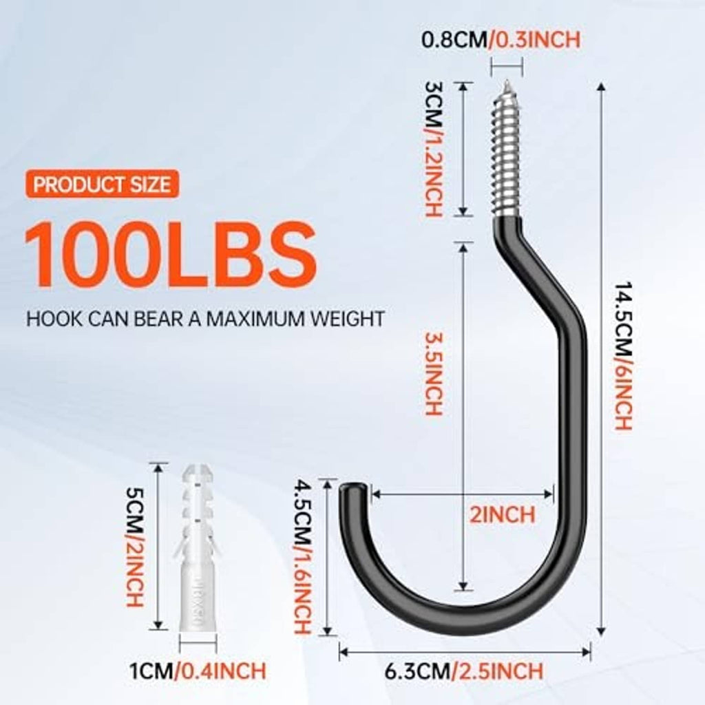 Black bike hook with mounting screw and size diagram showing 100 lb capacity.