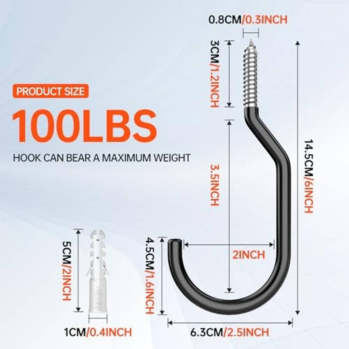 Black bike hook with mounting screw and size diagram showing 100 lb capacity.