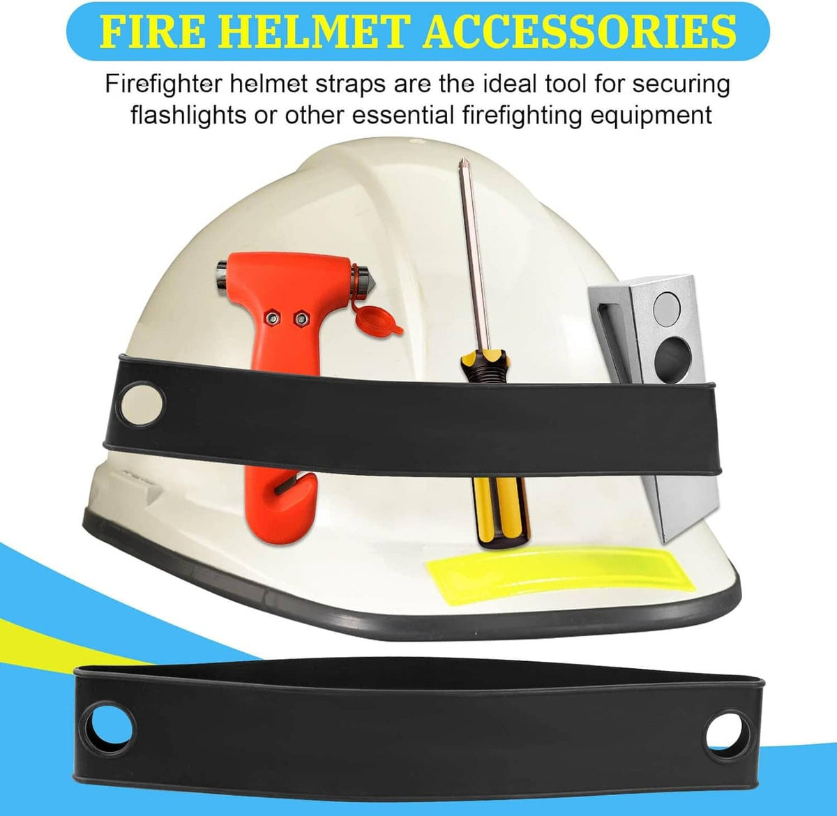 Black firefighter helmet strap band accessory for securing gear, with two side holes