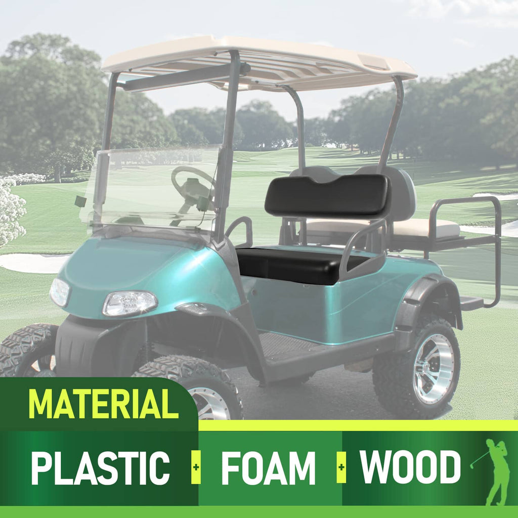 Golf cart front seat bottom and backrest cushions in black installed on cart