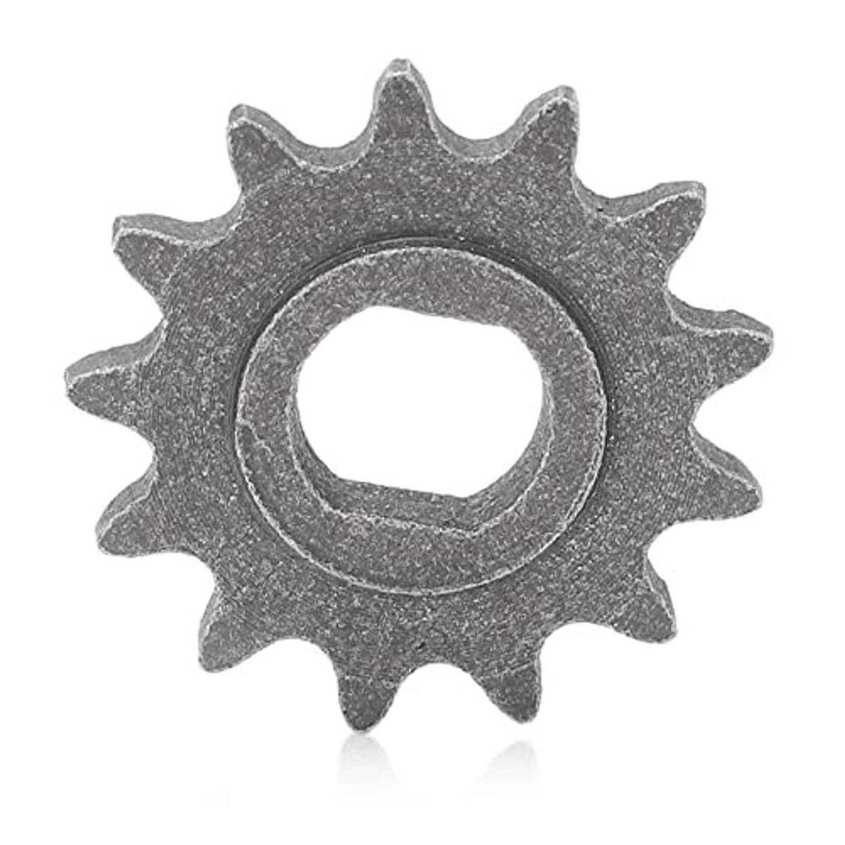 Dark gray chain sprocket gear with central bore and sharp teeth around the outer ring