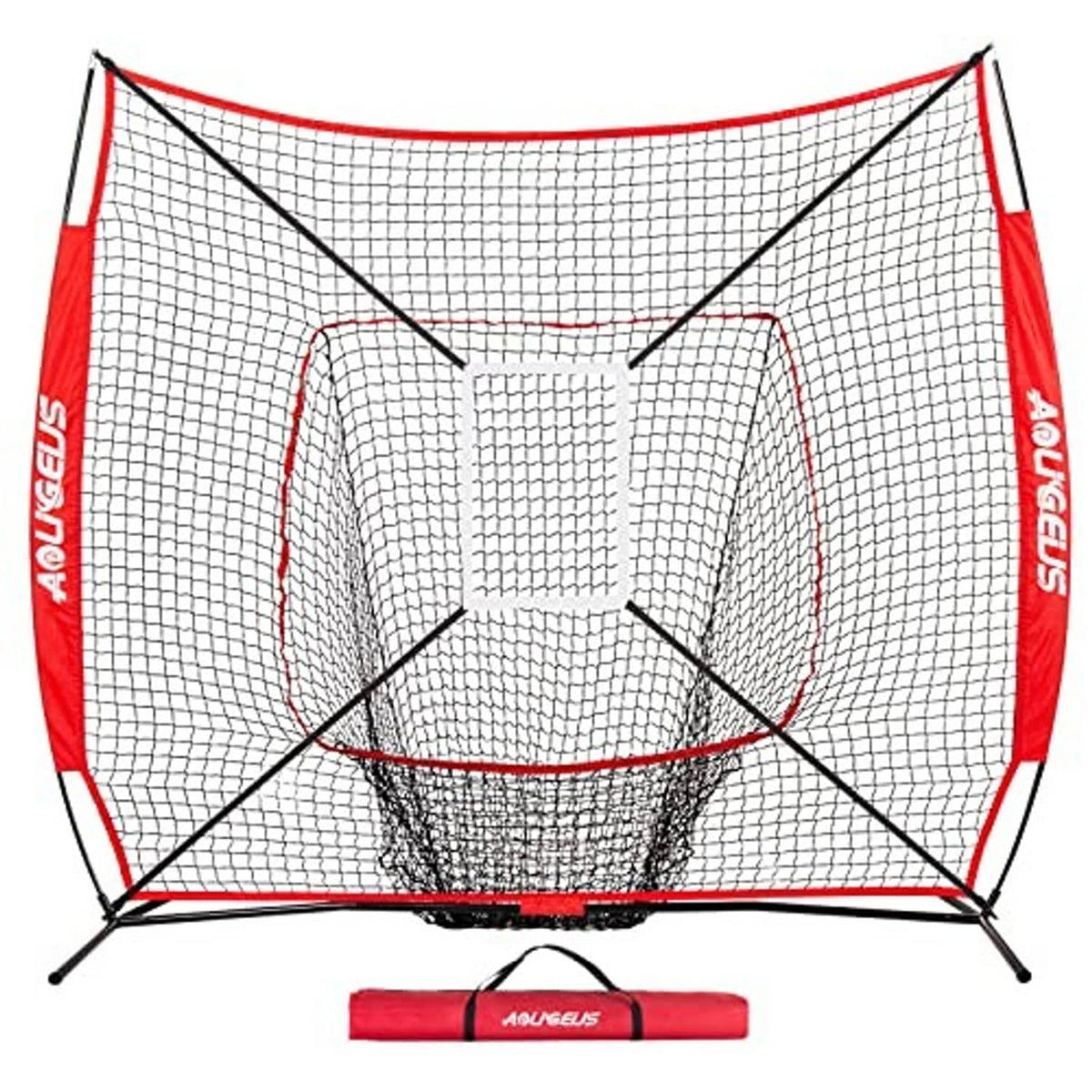 Baseball softball practice net in red and white with strike zone target and black frame