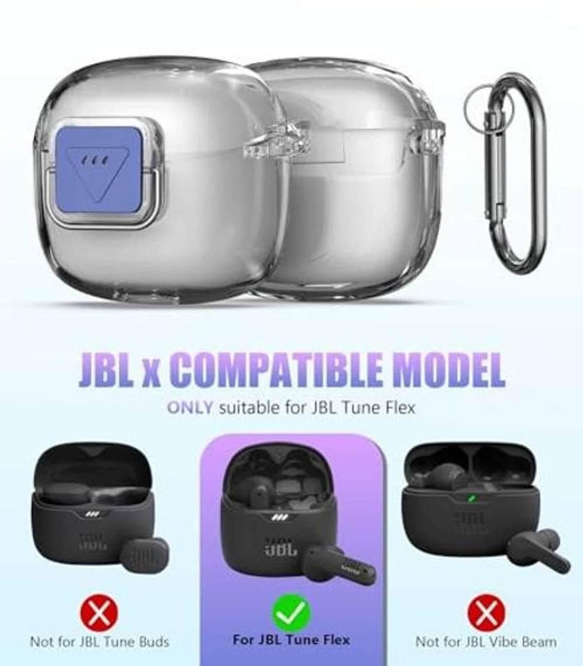 Clear TPU earbud case cover with blue latch and metal carabiner, closed