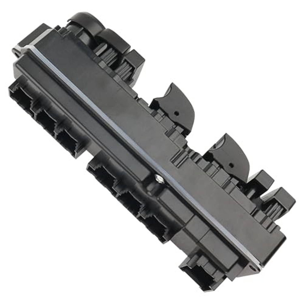 Black power window and mirror switch module, angled view with mounting tabs
