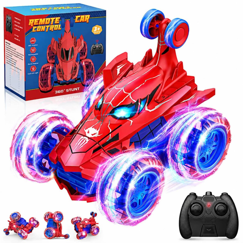 Red 4WD RC stunt car with glowing blue wheels and built-in front light