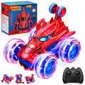 Red 4WD RC stunt car with glowing blue wheels and built-in front light