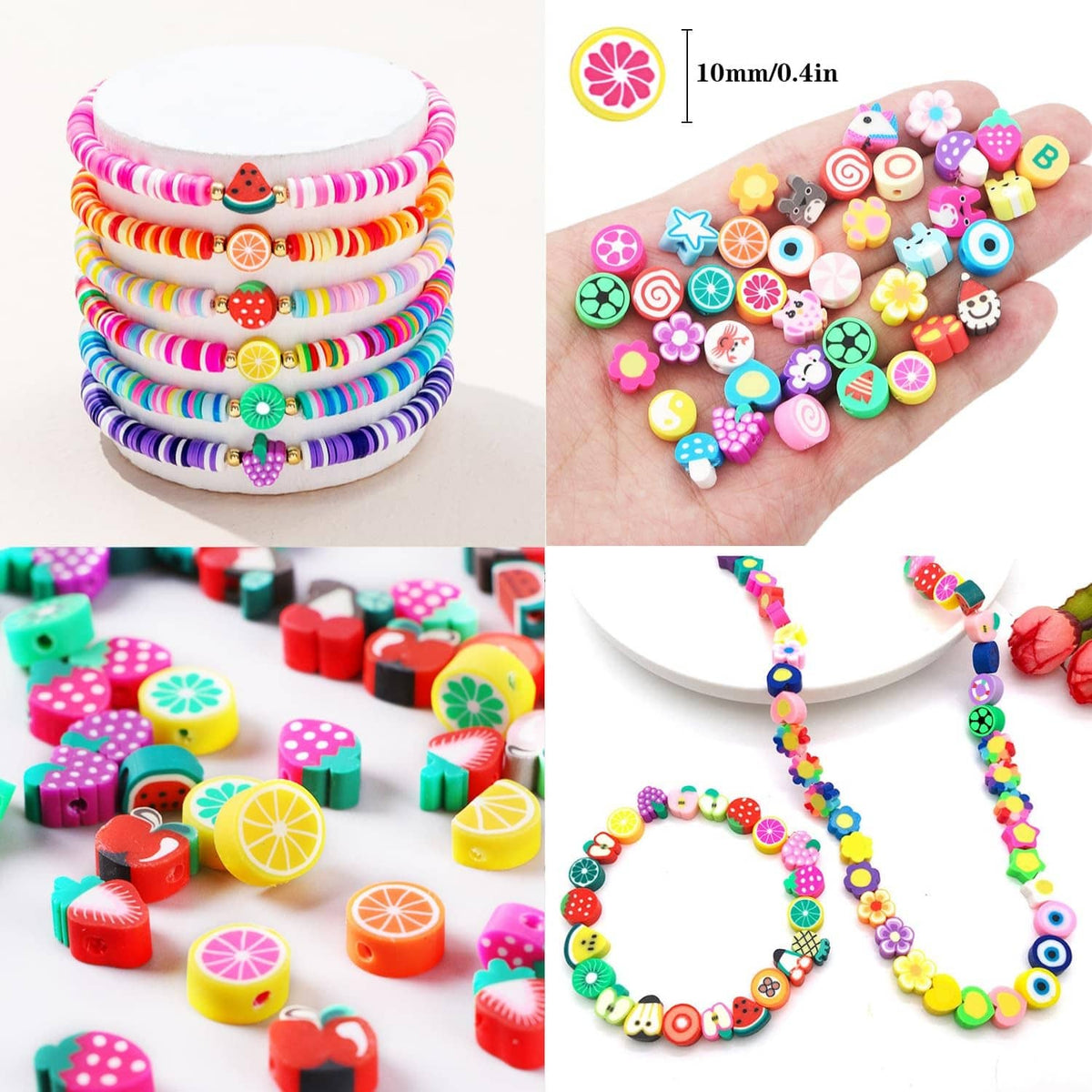 Rainbow polymer clay bead bracelets with fruit, flower, and star charms