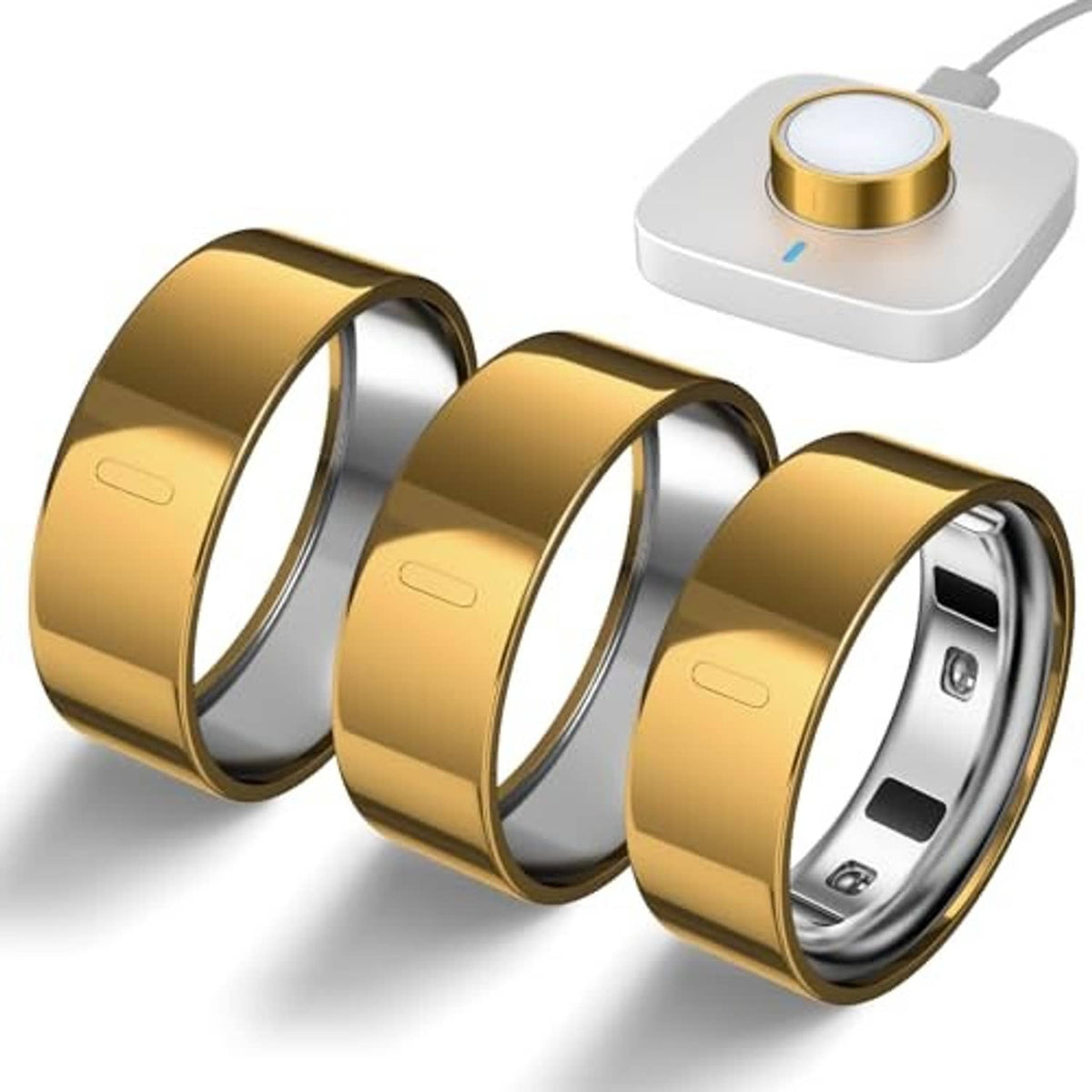 3-pack gold ring covers with open inner sensor areas, angled view of all three.