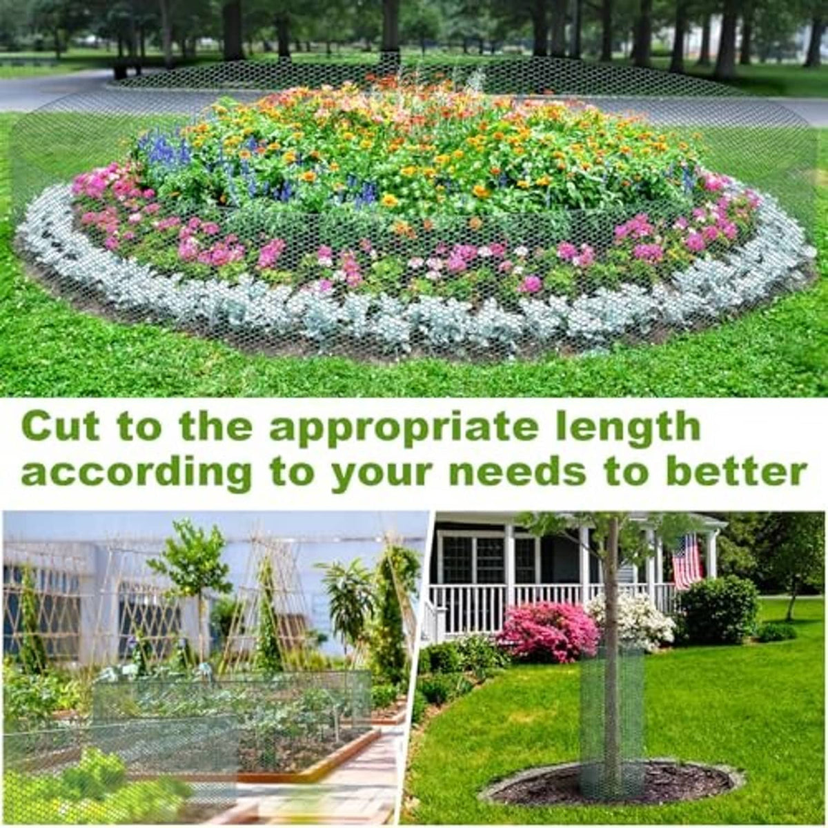 Metal chicken wire plant cage around a round flower bed, protective mesh ring