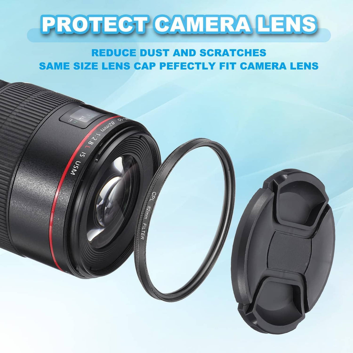 Black camera lens with CPL filter ring and protective lens cap