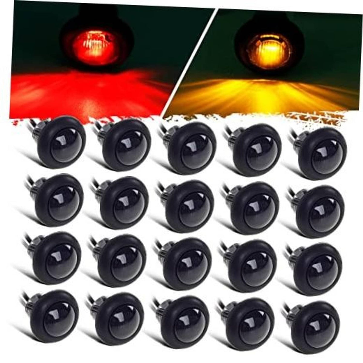 Set of 20 round LED marker lights, black housings with amber and red glow