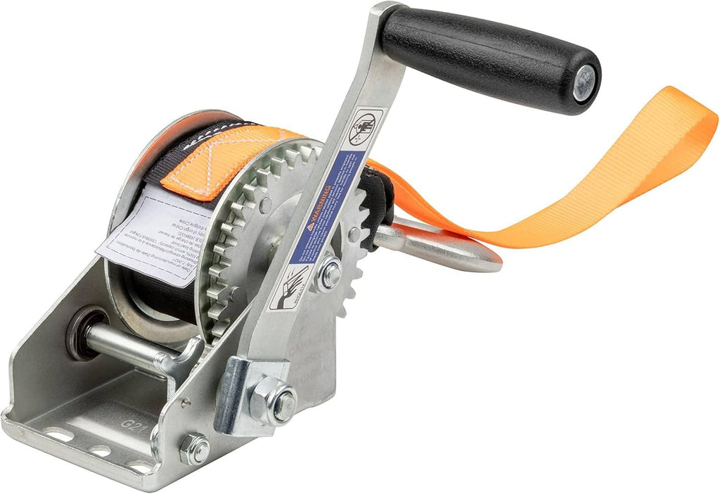 Manual trailer winch with gray base, black crank handle, orange strap and bow loop.