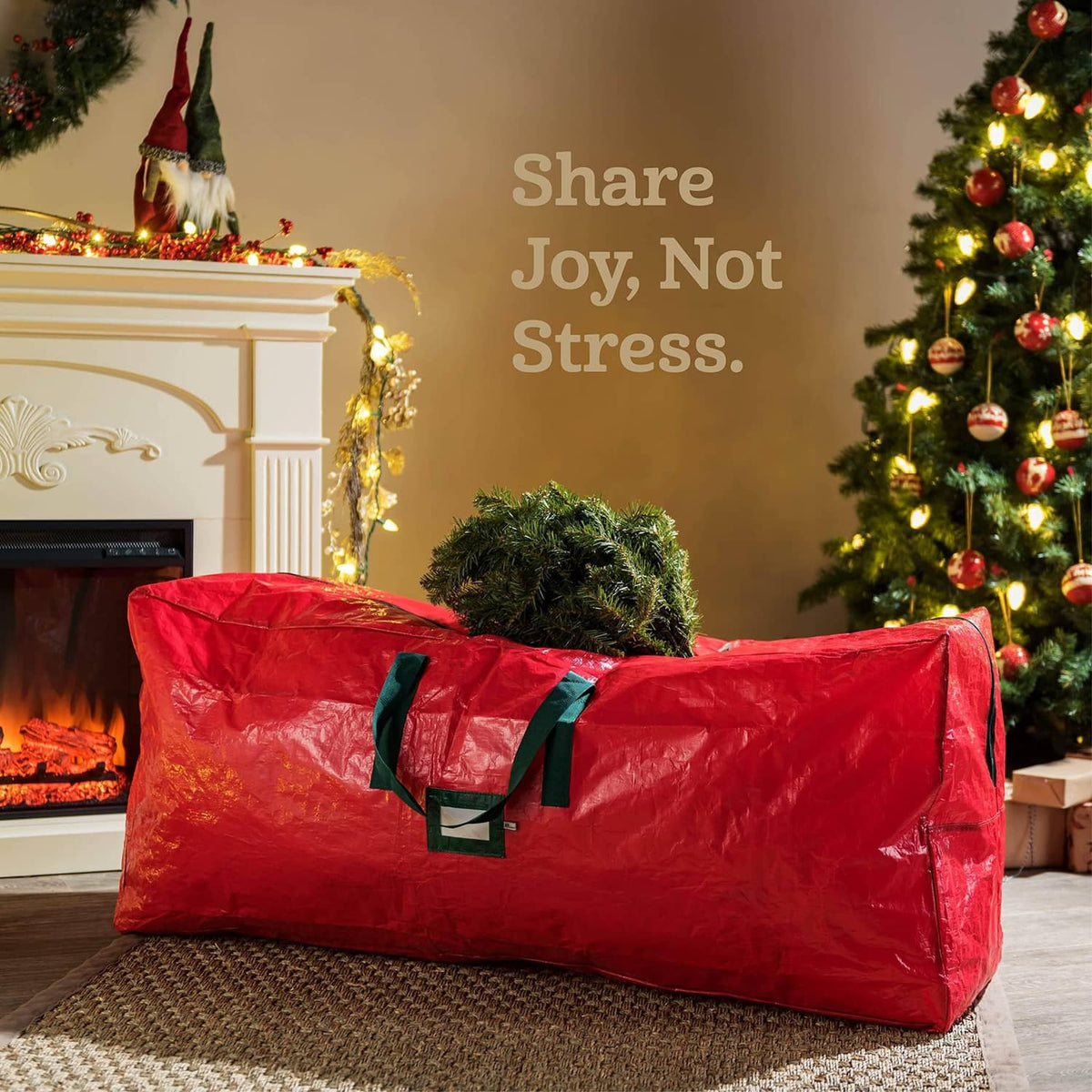 Red Christmas tree storage bag for a folded artificial tree, with green carrying straps