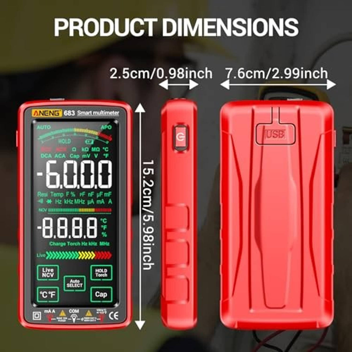 Red digital multimeter body with side and back measurement markings