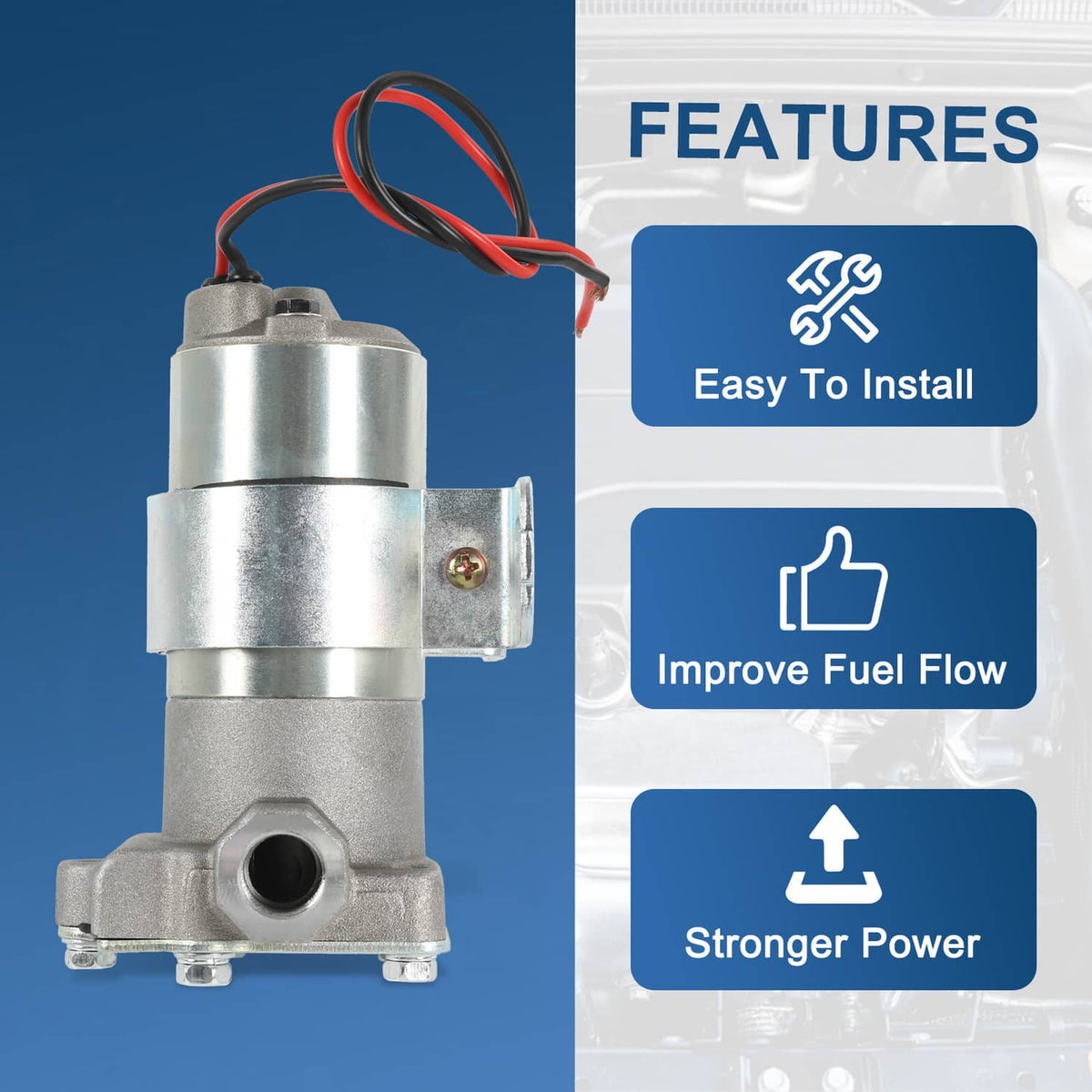 Electric fuel pump with side mounting tab and red/black power wires